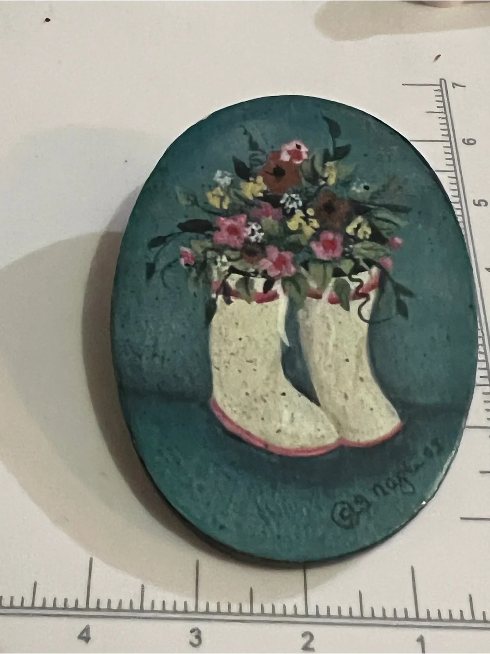 Folk Art Brooch Painted Floral Boots Flowers Teal Background